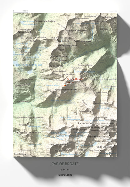 Mapa de relieve de Cap de Broate, 2741 m, Pallars Sobirà, lámina 100 Cims de Trobart 21 × 30 cm.