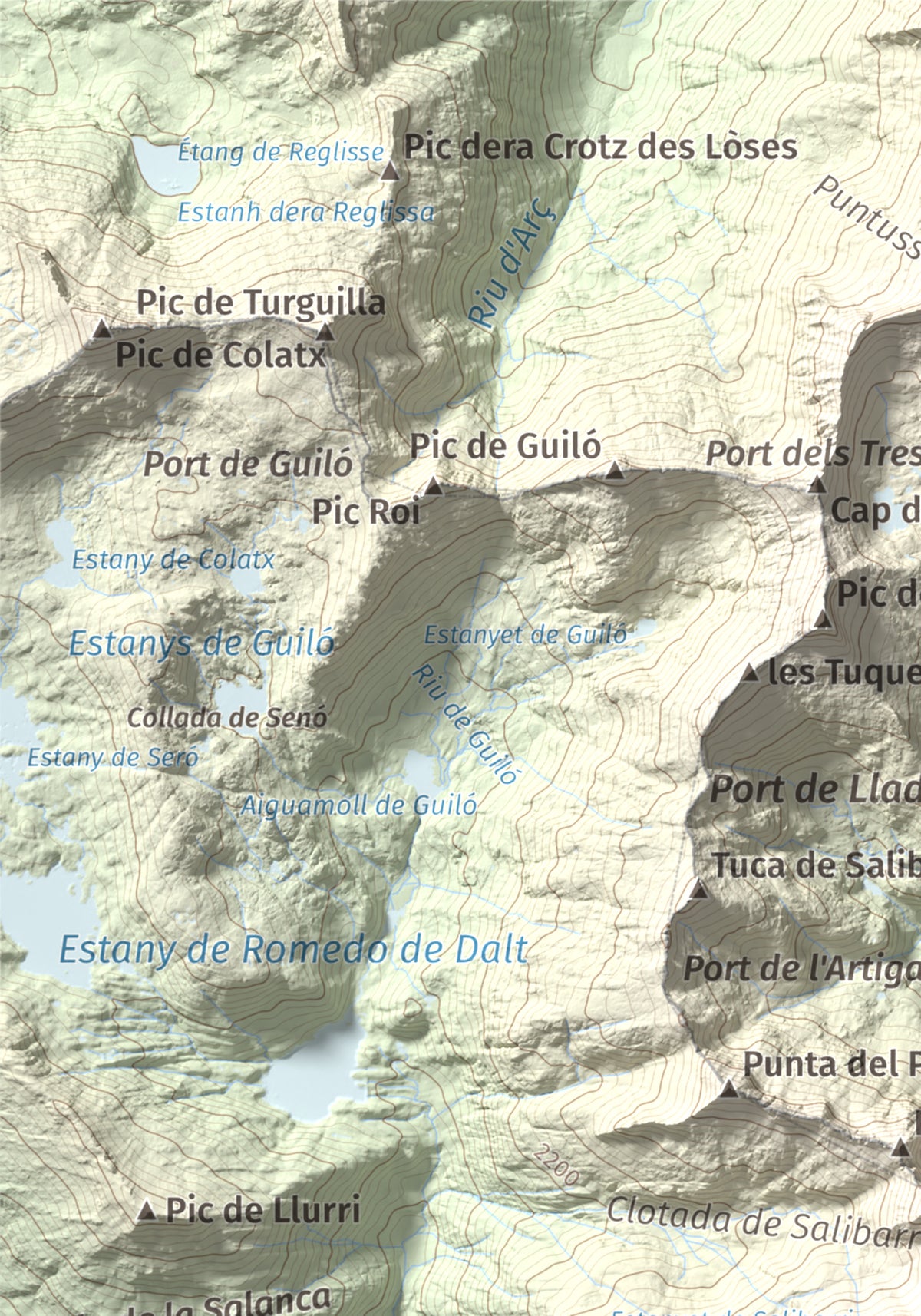 Mapa de relieve de Cap de Broate, 2741 m, Pallars Sobirà, lámina 100 Cims de Trobart. Detalle de la zona superior izquierda. 21 × 30 cm.