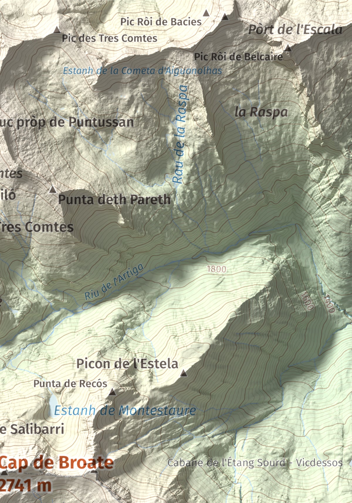 Mapa de relieve de Cap de Broate, 2741 m, Pallars Sobirà, lámina 100 Cims de Trobart. Detalle de la zona superior derecha. 21 × 30 cm.
