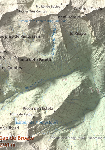 Mapa de relieve de Cap de Broate, 2741 m, Pallars Sobirà, lámina 100 Cims de Trobart. Detalle de la zona superior derecha. 21 × 30 cm.