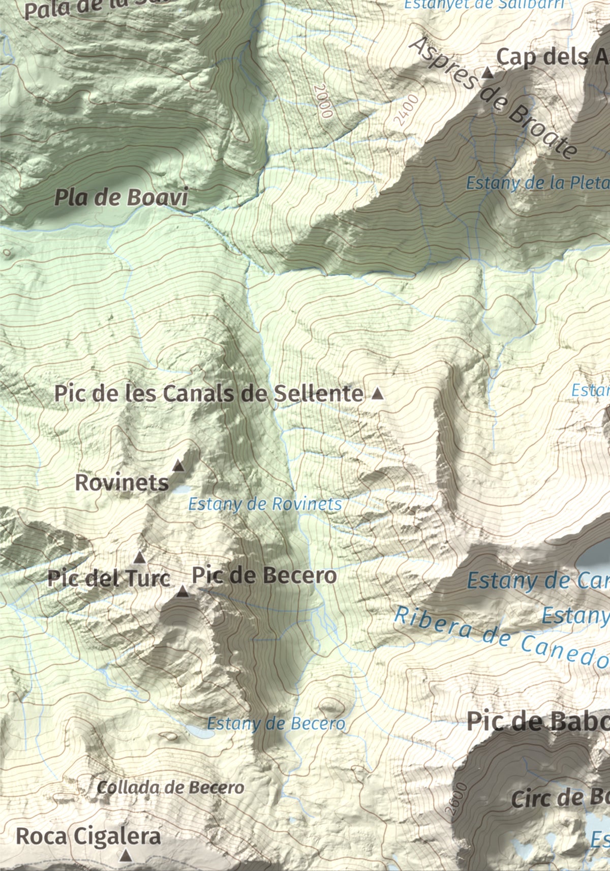 Mapa de relieve de Cap de Broate, 2741 m, Pallars Sobirà, lámina 100 Cims de Trobart. Detalle de la zona inferior izquierda. 21 × 30 cm.