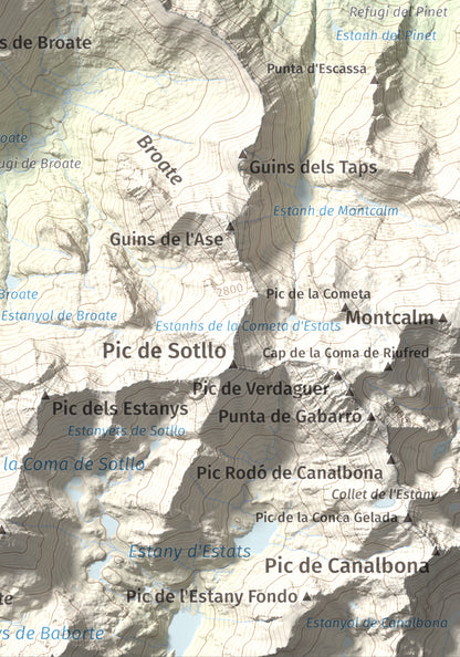 Mapa de relieve de Cap de Broate, 2741 m, Pallars Sobirà, lámina 100 Cims de Trobart. Detalle de la zona inferior derecha. 21 × 30 cm.