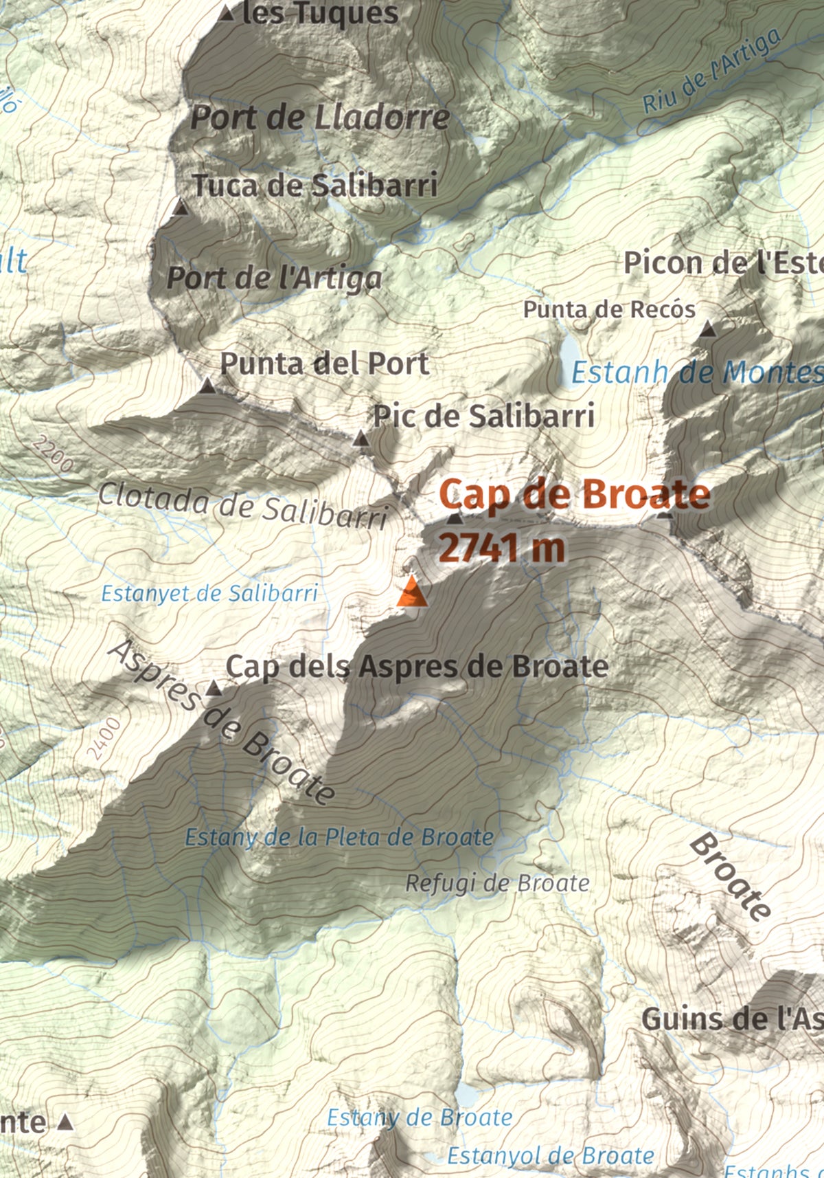 Mapa de relieve de Cap de Broate, 2741 m, Pallars Sobirà, lámina 100 Cims de Trobart. Detalle de la zona central. 21 × 30 cm.