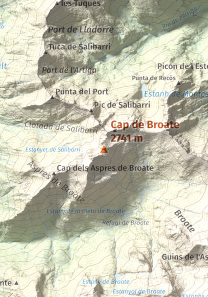 Mapa de relieve de Cap de Broate, 2741 m, Pallars Sobirà, lámina 100 Cims de Trobart. Detalle de la zona central. 21 × 30 cm.