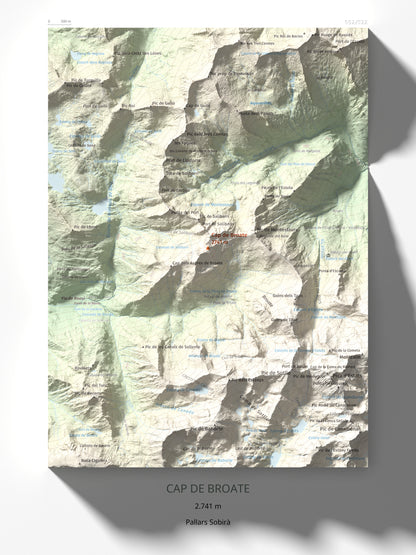 Mapa de relieve de Cap de Broate, 2741 m, Pallars Sobirà, lámina 100 Cims de Trobart 30 × 40 cm.