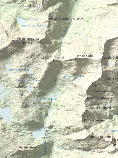 Mapa de relieve de Cap de Broate, 2741 m, Pallars Sobirà, lámina 100 Cims de Trobart. Detalle de la zona superior izquierda. 30 × 40 cm.