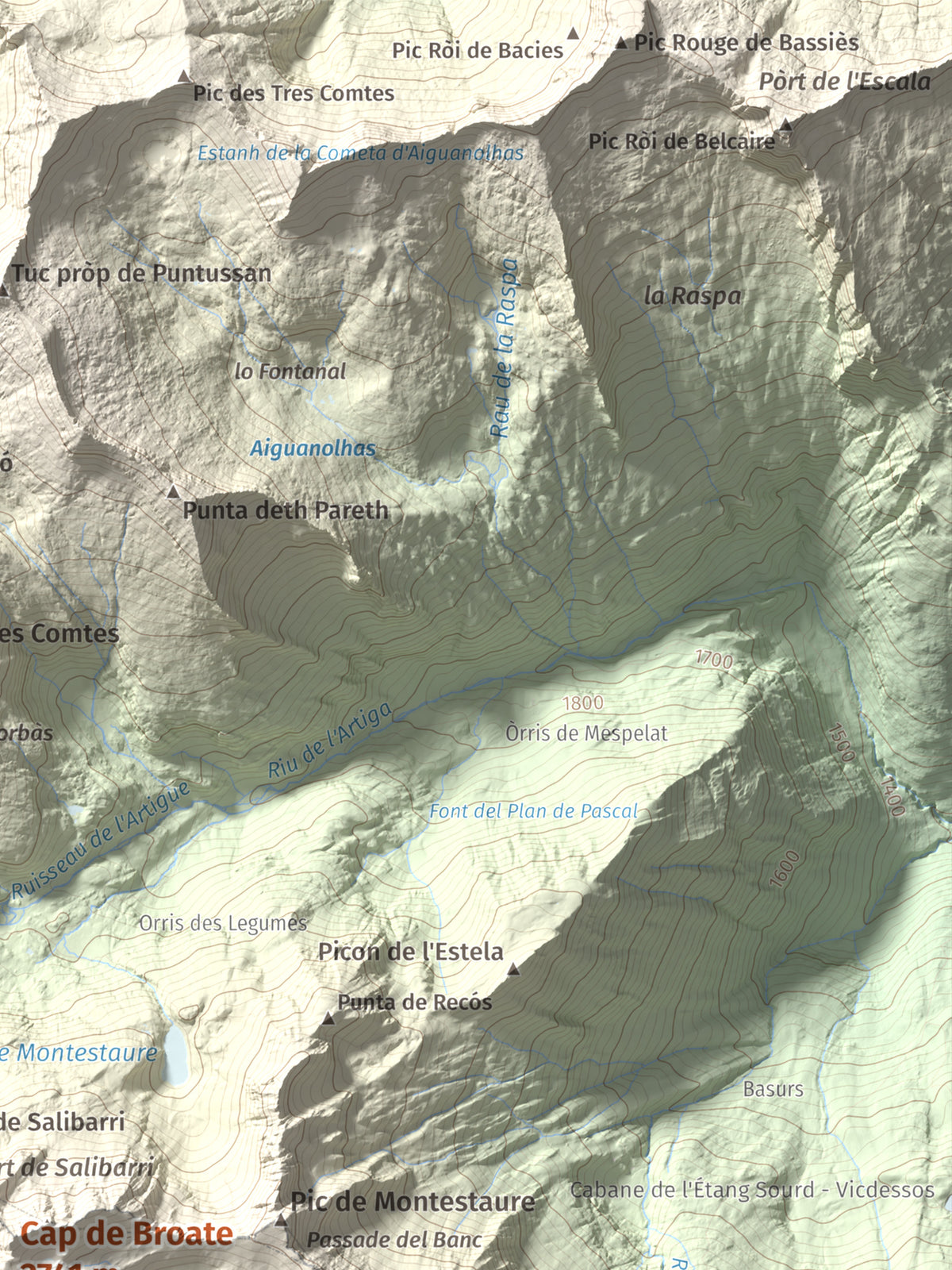 Mapa de relieve de Cap de Broate, 2741 m, Pallars Sobirà, lámina 100 Cims de Trobart. Detalle de la zona superior derecha. 30 × 40 cm.