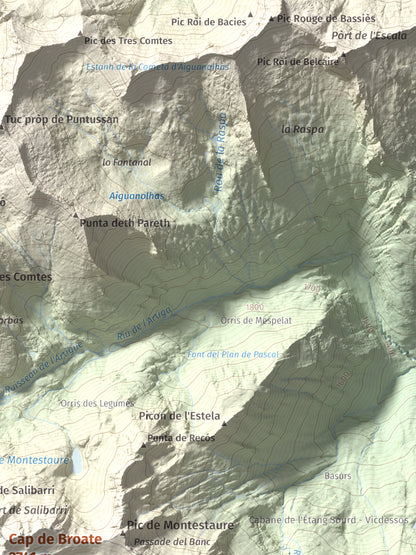 Mapa de relieve de Cap de Broate, 2741 m, Pallars Sobirà, lámina 100 Cims de Trobart. Detalle de la zona superior derecha. 30 × 40 cm.