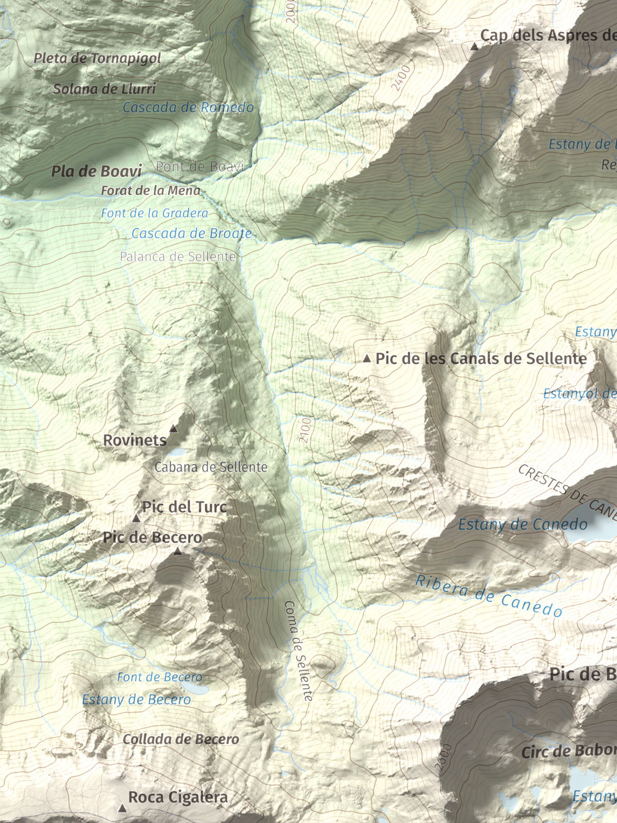 Mapa de relieve de Cap de Broate, 2741 m, Pallars Sobirà, lámina 100 Cims de Trobart. Detalle de la zona inferior izquierda. 30 × 40 cm.