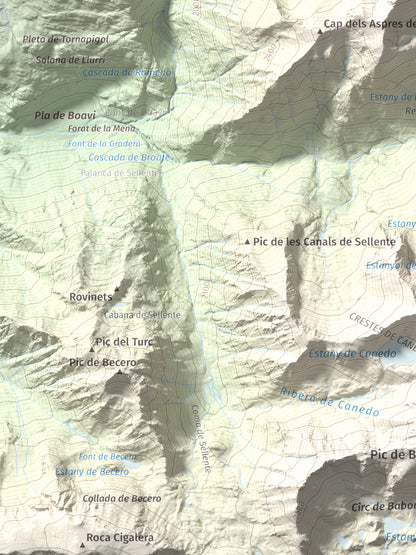 Mapa de relieve de Cap de Broate, 2741 m, Pallars Sobirà, lámina 100 Cims de Trobart. Detalle de la zona inferior izquierda. 30 × 40 cm.