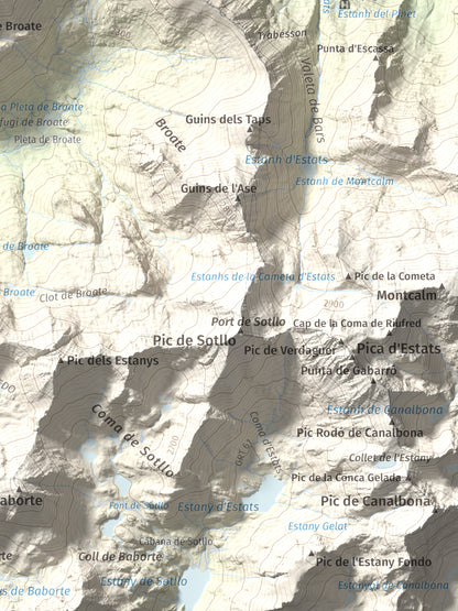 Mapa de relieve de Cap de Broate, 2741 m, Pallars Sobirà, lámina 100 Cims de Trobart. Detalle de la zona inferior derecha. 30 × 40 cm.