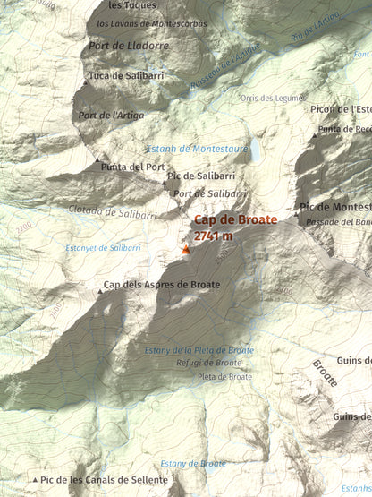Mapa de relieve de Cap de Broate, 2741 m, Pallars Sobirà, lámina 100 Cims de Trobart. Detalle de la zona central. 30 × 40 cm.