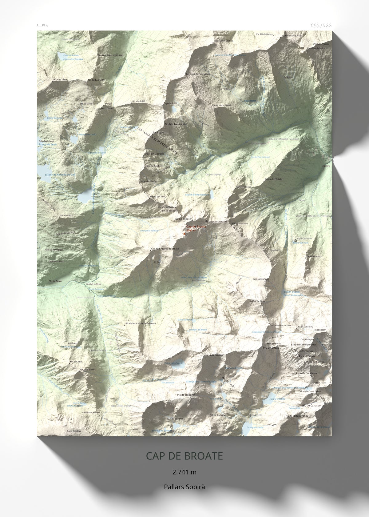 Mapa de relieve de Cap de Broate, 2741 m, Pallars Sobirà, lámina 100 Cims de Trobart 50 × 70 cm.