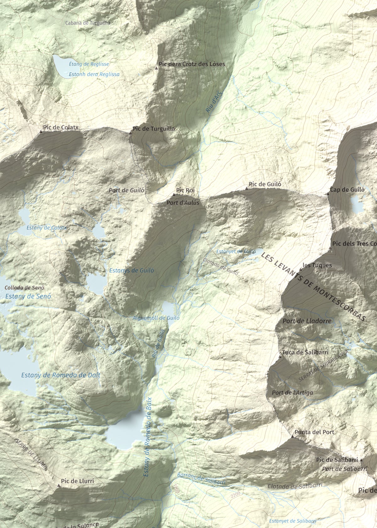 Mapa de relieve de Cap de Broate, 2741 m, Pallars Sobirà, lámina 100 Cims de Trobart. Detalle de la zona superior izquierda. 50 × 70 cm.