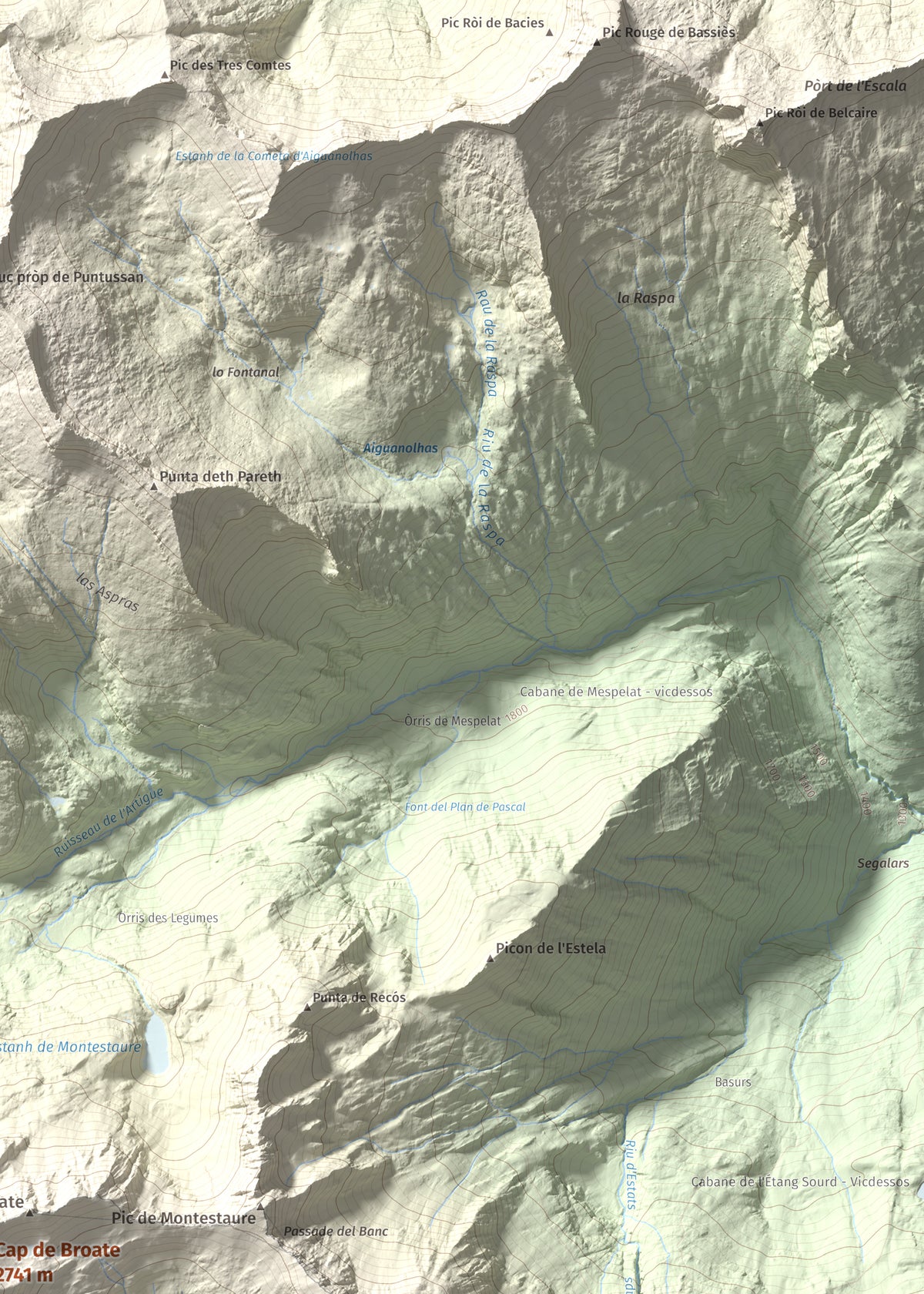 Mapa de relieve de Cap de Broate, 2741 m, Pallars Sobirà, lámina 100 Cims de Trobart. Detalle de la zona superior derecha. 50 × 70 cm.
