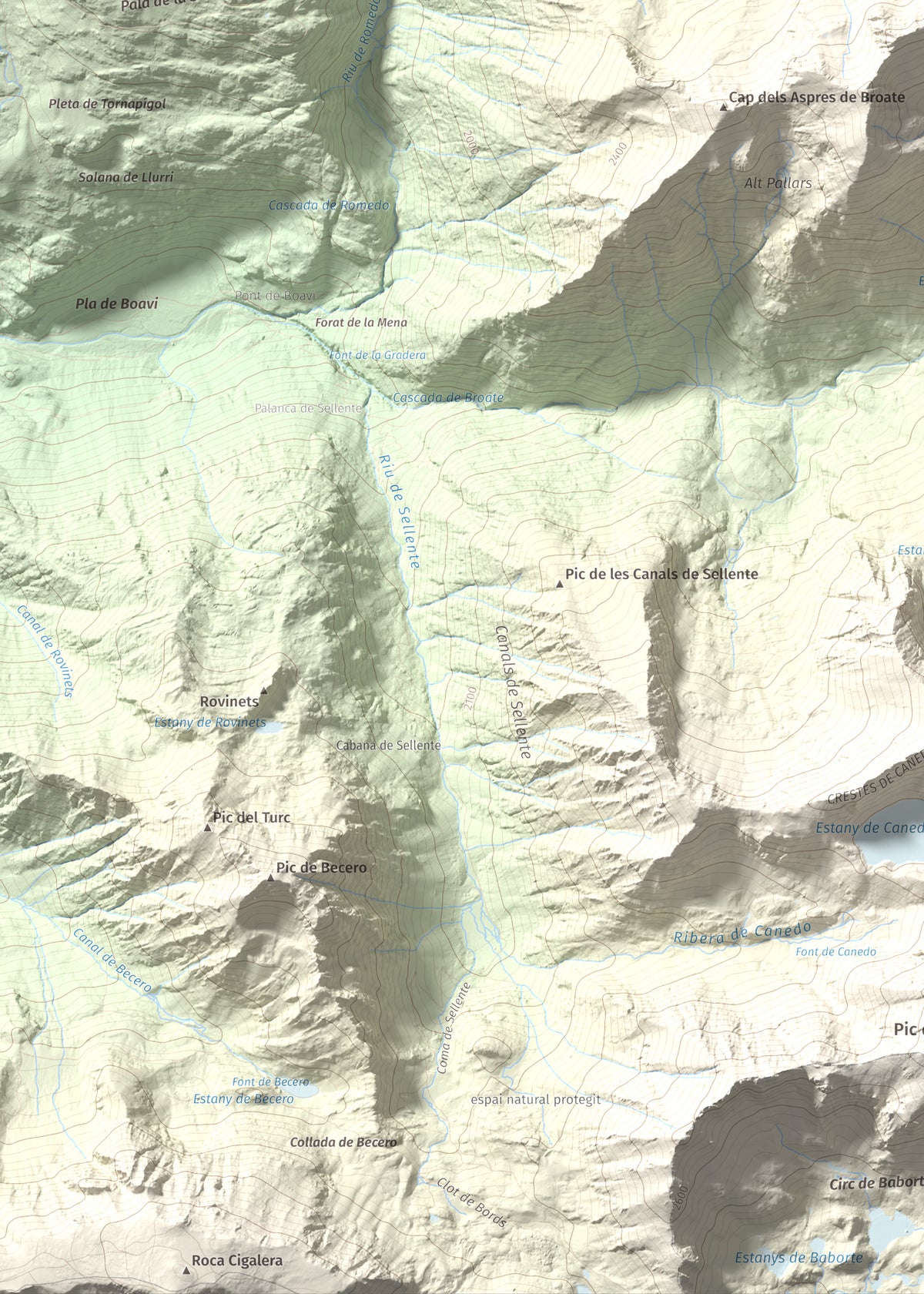 Mapa de relieve de Cap de Broate, 2741 m, Pallars Sobirà, lámina 100 Cims de Trobart. Detalle de la zona inferior izquierda. 50 × 70 cm.