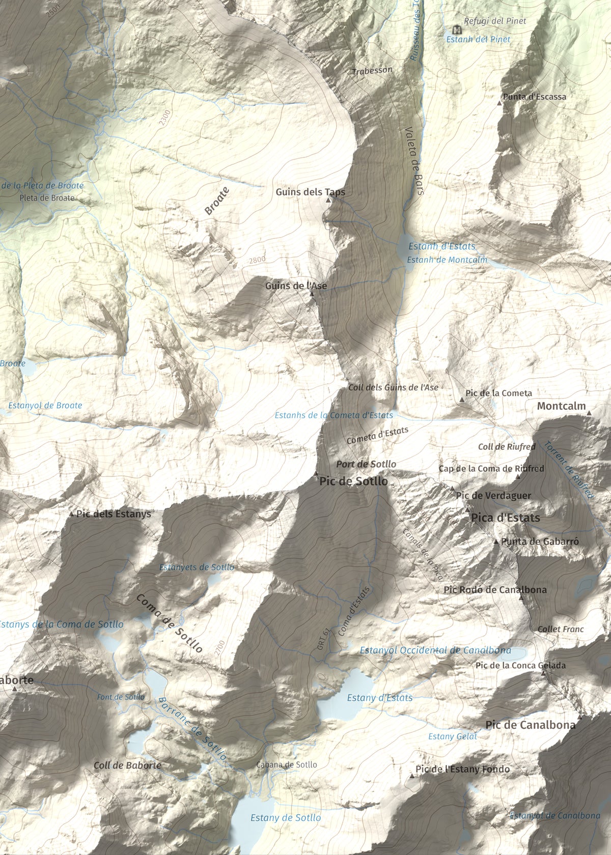 Mapa de relieve de Cap de Broate, 2741 m, Pallars Sobirà, lámina 100 Cims de Trobart. Detalle de la zona inferior derecha. 50 × 70 cm.