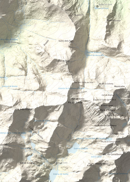 Mapa de relieve de Cap de Broate, 2741 m, Pallars Sobirà, lámina 100 Cims de Trobart. Detalle de la zona inferior derecha. 50 × 70 cm.