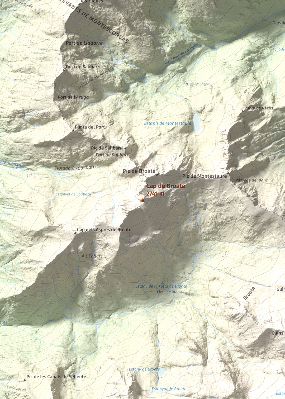 Mapa de relieve de Cap de Broate, 2741 m, Pallars Sobirà, lámina 100 Cims de Trobart. Detalle de la zona central. 50 × 70 cm.