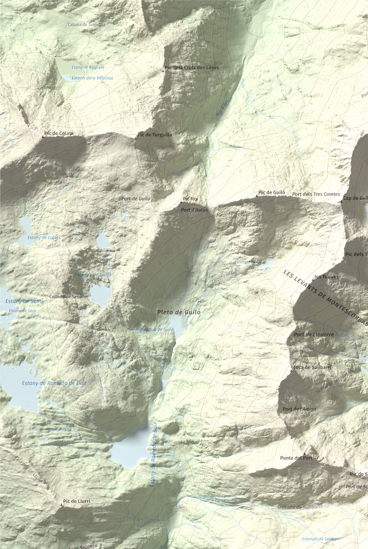 Mapa de relieve de Cap de Broate, 2741 m, Pallars Sobirà, lámina 100 Cims de Trobart. Detalle de la zona superior izquierda. 61 × 91 cm.