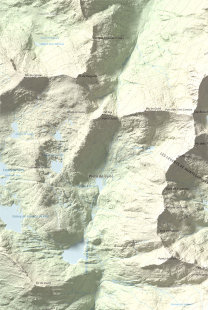 Mapa de relieve de Cap de Broate, 2741 m, Pallars Sobirà, lámina 100 Cims de Trobart. Detalle de la zona superior izquierda. 61 × 91 cm.