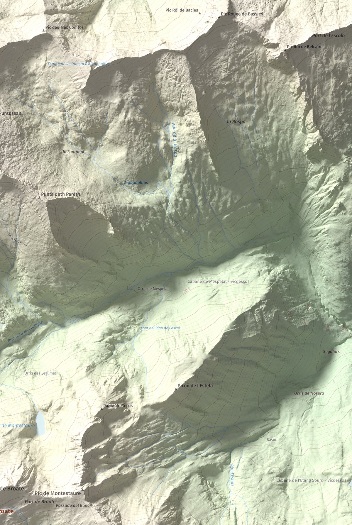 Mapa de relieve de Cap de Broate, 2741 m, Pallars Sobirà, lámina 100 Cims de Trobart. Detalle de la zona superior derecha. 61 × 91 cm.