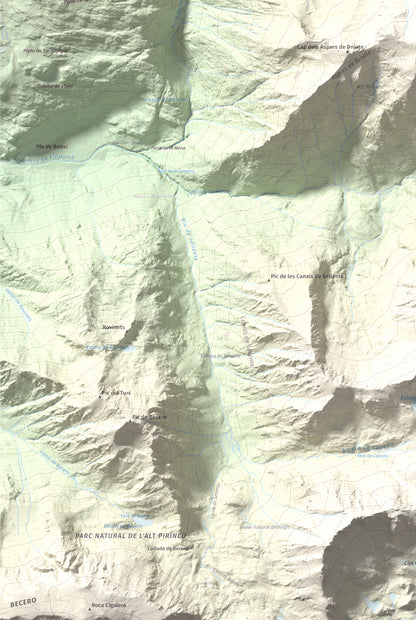 Mapa de relieve de Cap de Broate, 2741 m, Pallars Sobirà, lámina 100 Cims de Trobart. Detalle de la zona inferior izquierda. 61 × 91 cm.
