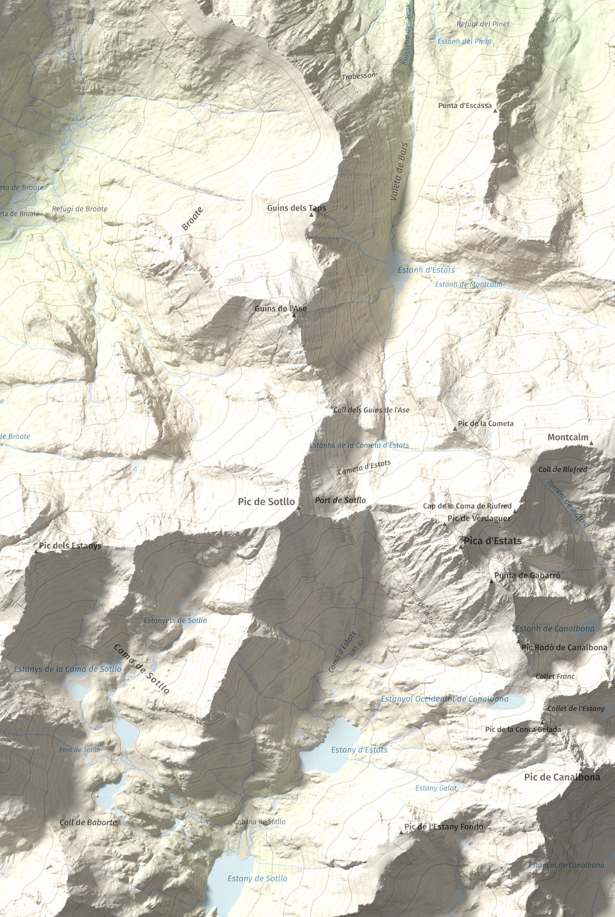 Mapa de relieve de Cap de Broate, 2741 m, Pallars Sobirà, lámina 100 Cims de Trobart. Detalle de la zona inferior derecha. 61 × 91 cm.