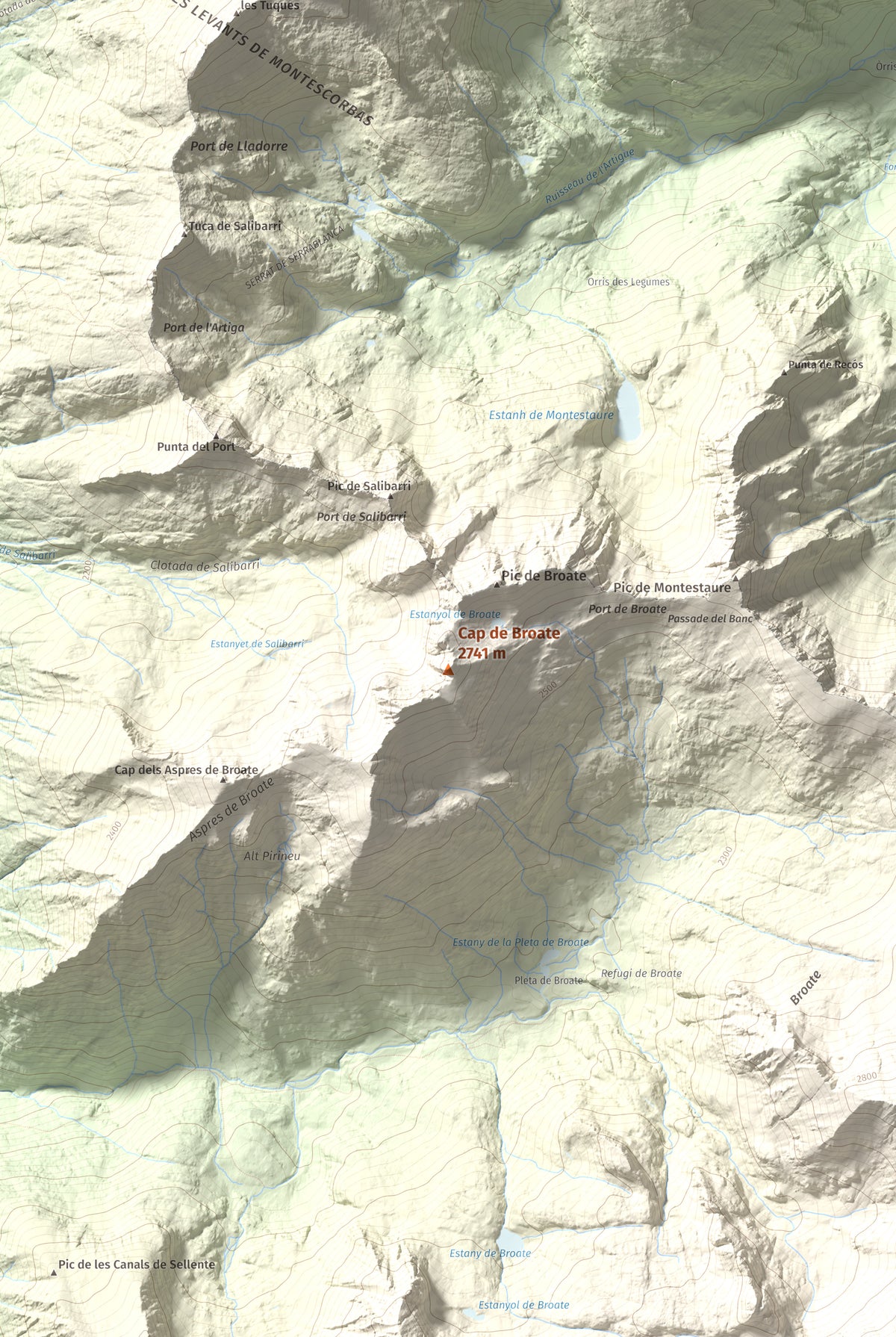 Mapa de relieve de Cap de Broate, 2741 m, Pallars Sobirà, lámina 100 Cims de Trobart. Detalle de la zona central. 61 × 91 cm.