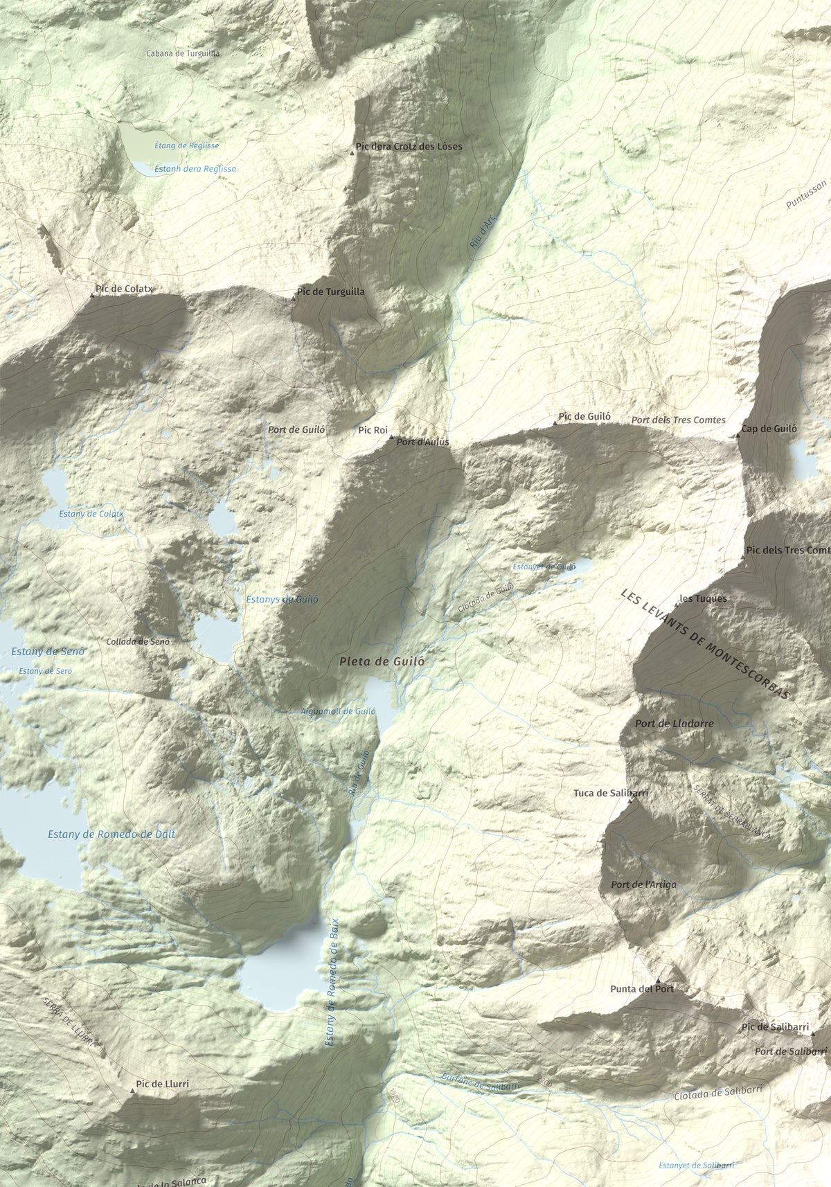 Mapa de relieve de Cap de Broate, 2741 m, Pallars Sobirà, lámina 100 Cims de Trobart. Detalle de la zona superior izquierda. 70 × 100 cm.