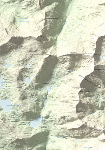 Mapa de relieve de Cap de Broate, 2741 m, Pallars Sobirà, lámina 100 Cims de Trobart. Detalle de la zona superior izquierda. 70 × 100 cm.