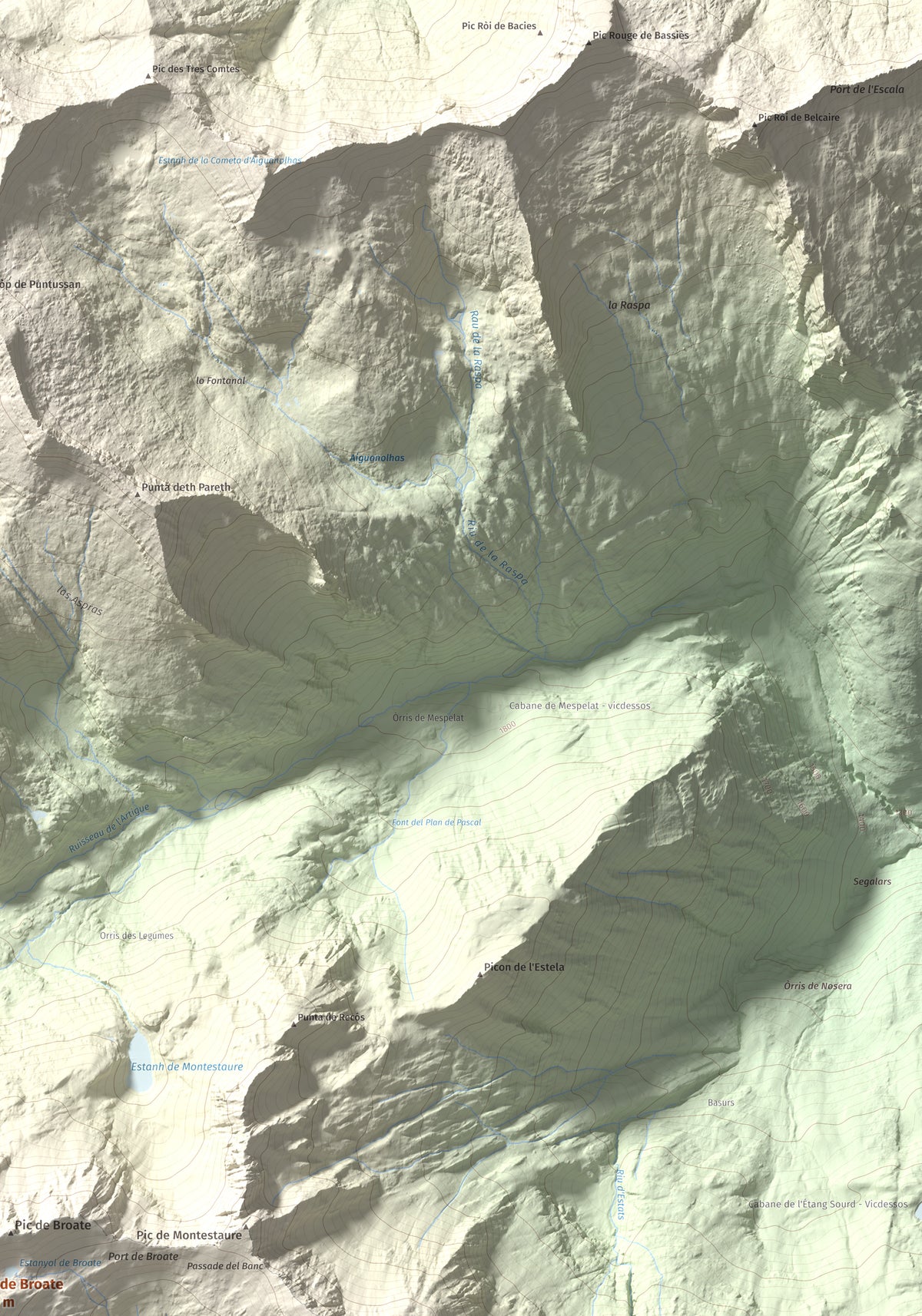 Mapa de relieve de Cap de Broate, 2741 m, Pallars Sobirà, lámina 100 Cims de Trobart. Detalle de la zona superior derecha. 70 × 100 cm.