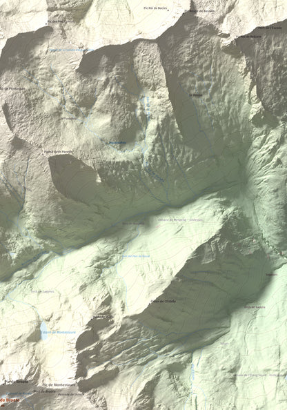 Mapa de relieve de Cap de Broate, 2741 m, Pallars Sobirà, lámina 100 Cims de Trobart. Detalle de la zona superior derecha. 70 × 100 cm.