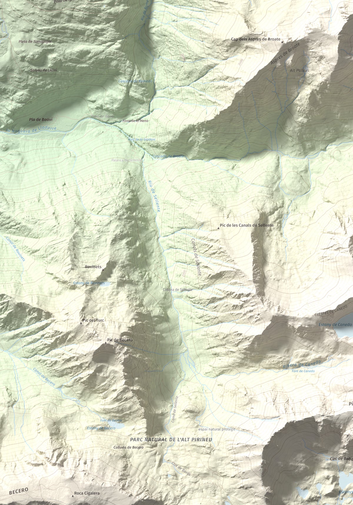 Mapa de relieve de Cap de Broate, 2741 m, Pallars Sobirà, lámina 100 Cims de Trobart. Detalle de la zona inferior izquierda. 70 × 100 cm.