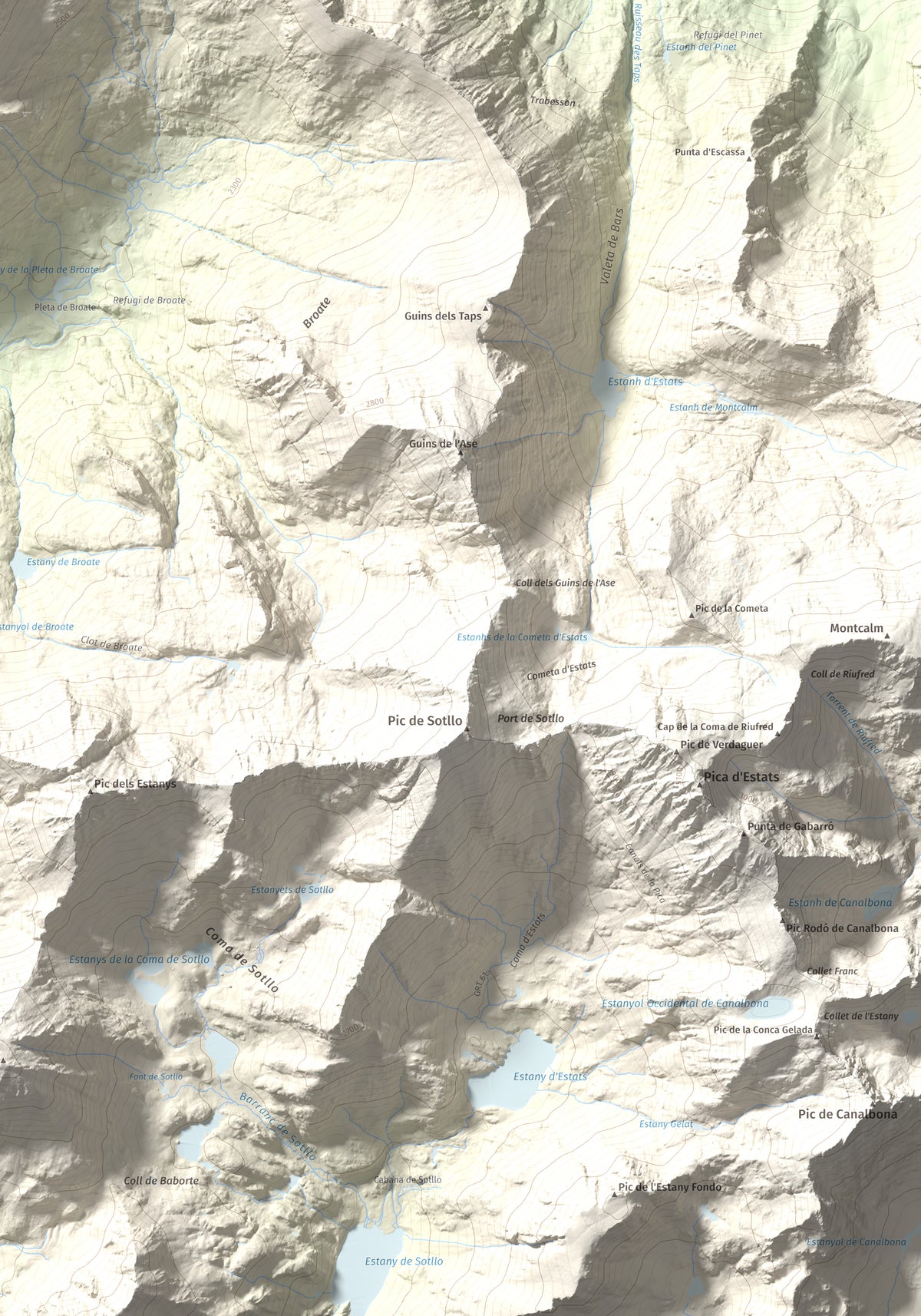 Mapa de relieve de Cap de Broate, 2741 m, Pallars Sobirà, lámina 100 Cims de Trobart. Detalle de la zona inferior derecha. 70 × 100 cm.