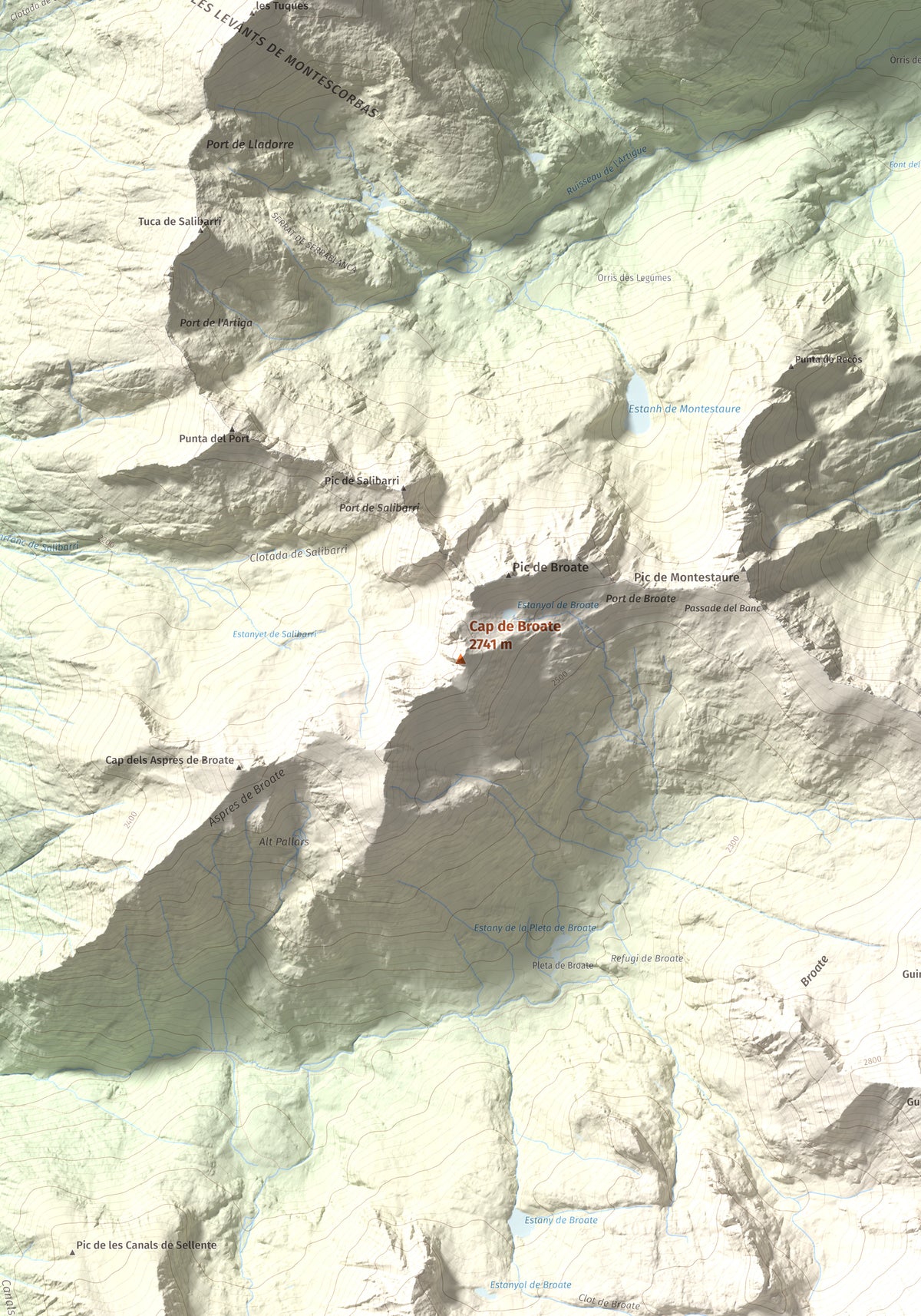 Mapa de relieve de Cap de Broate, 2741 m, Pallars Sobirà, lámina 100 Cims de Trobart. Detalle de la zona central. 70 × 100 cm.