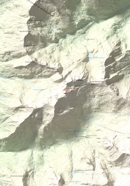 Mapa de relieve de Cap de Broate, 2741 m, Pallars Sobirà, lámina 100 Cims de Trobart. Detalle de la zona central. 70 × 100 cm.