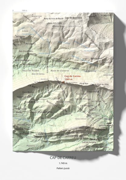 Mapa de relieve de Cap de Carreu, 1749 m, Pallars Jussà, lámina 100 Cims de Trobart 21 × 30 cm.