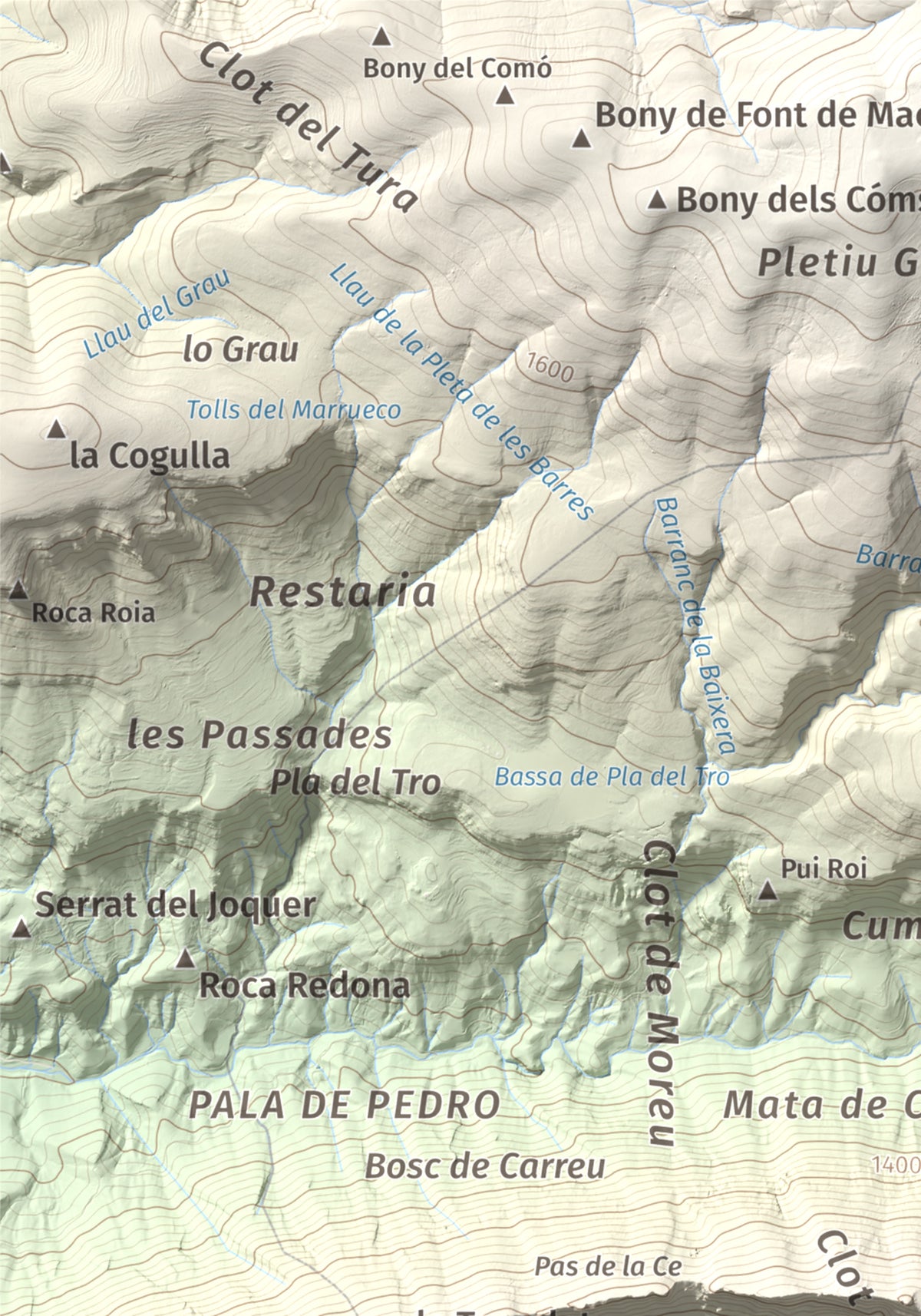 Mapa de relieve de Cap de Carreu, 1749 m, Pallars Jussà, lámina 100 Cims de Trobart. Detalle de la zona superior izquierda. 21 × 30 cm.