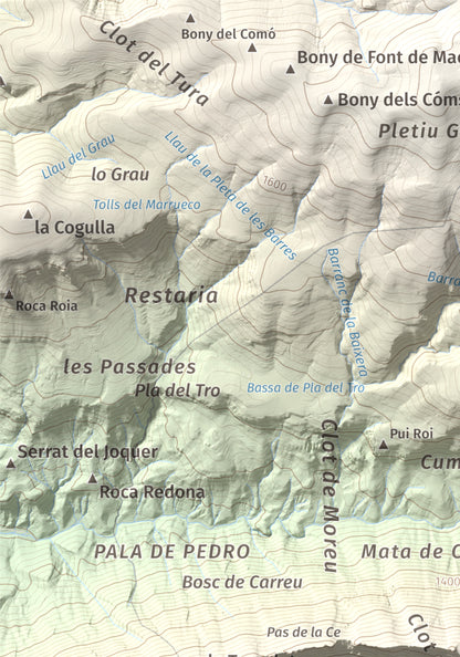 Mapa de relieve de Cap de Carreu, 1749 m, Pallars Jussà, lámina 100 Cims de Trobart. Detalle de la zona superior izquierda. 21 × 30 cm.