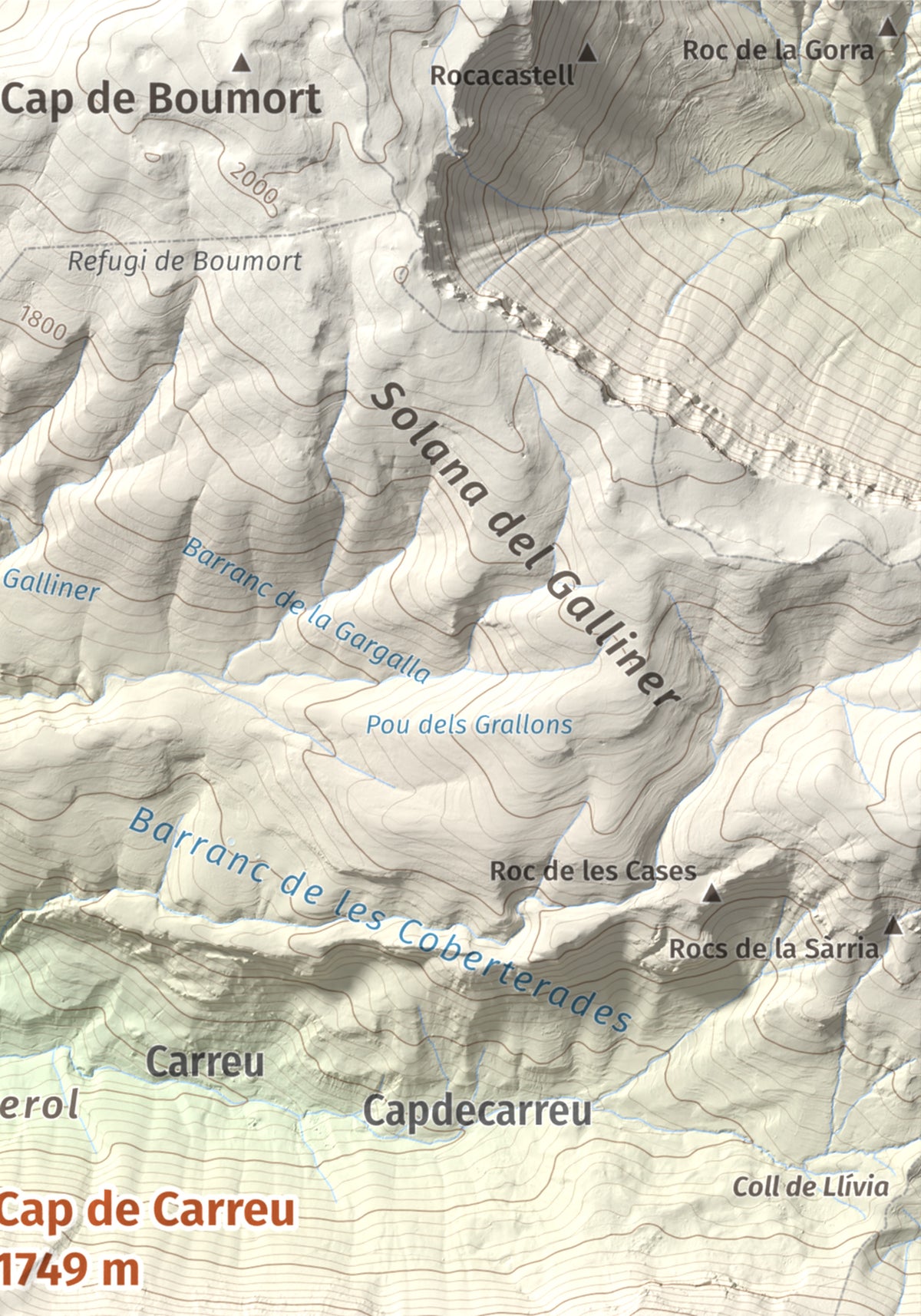 Mapa de relieve de Cap de Carreu, 1749 m, Pallars Jussà, lámina 100 Cims de Trobart. Detalle de la zona superior derecha. 21 × 30 cm.