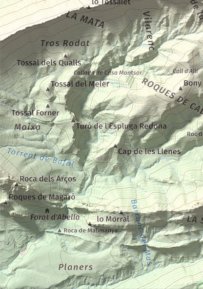 Mapa de relieve de Cap de Carreu, 1749 m, Pallars Jussà, lámina 100 Cims de Trobart. Detalle de la zona inferior izquierda. 21 × 30 cm.