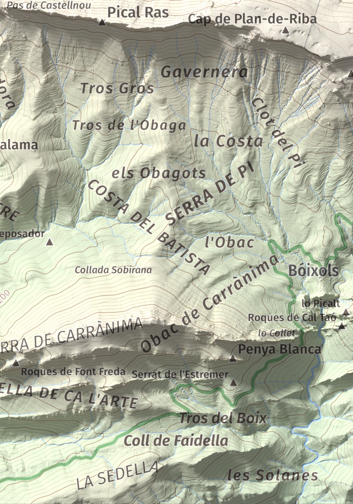 Mapa de relieve de Cap de Carreu, 1749 m, Pallars Jussà, lámina 100 Cims de Trobart. Detalle de la zona inferior derecha. 21 × 30 cm.