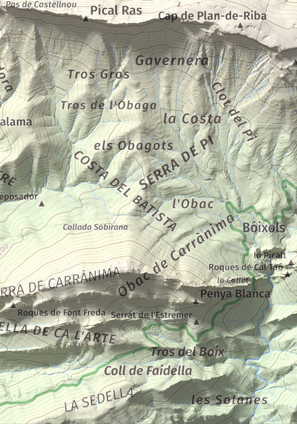 Mapa de relieve de Cap de Carreu, 1749 m, Pallars Jussà, lámina 100 Cims de Trobart. Detalle de la zona inferior derecha. 21 × 30 cm.