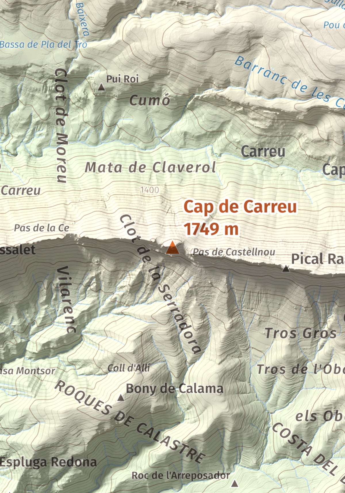 Mapa de relieve de Cap de Carreu, 1749 m, Pallars Jussà, lámina 100 Cims de Trobart. Detalle de la zona central. 21 × 30 cm.