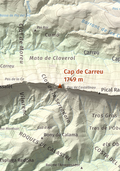 Mapa de relieve de Cap de Carreu, 1749 m, Pallars Jussà, lámina 100 Cims de Trobart. Detalle de la zona central. 21 × 30 cm.