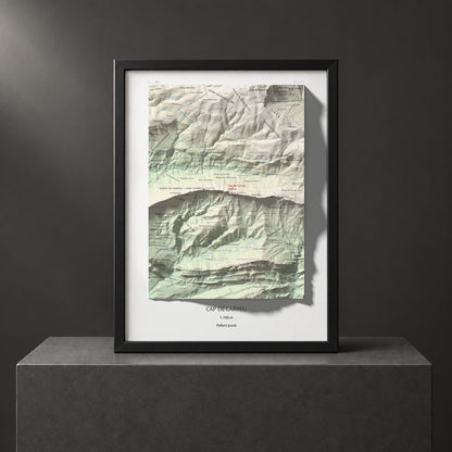 Mapa de relieve de Cap de Carreu, 1749 m, Pallars Jussà, lámina 100 Cims de Trobart. Presentación enmarcada. 30 × 40 cm.
