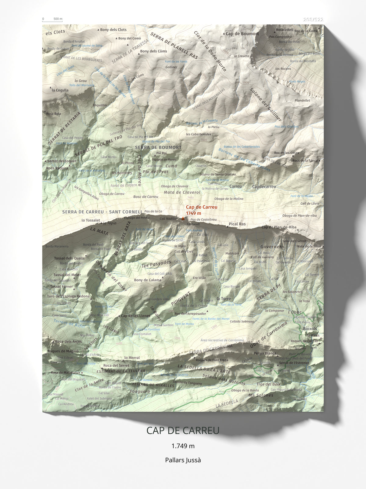Mapa de relieve de Cap de Carreu, 1749 m, Pallars Jussà, lámina 100 Cims de Trobart 30 × 40 cm.