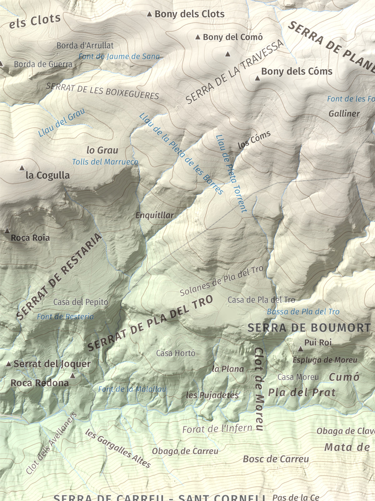 Mapa de relieve de Cap de Carreu, 1749 m, Pallars Jussà, lámina 100 Cims de Trobart. Detalle de la zona superior izquierda. 30 × 40 cm.