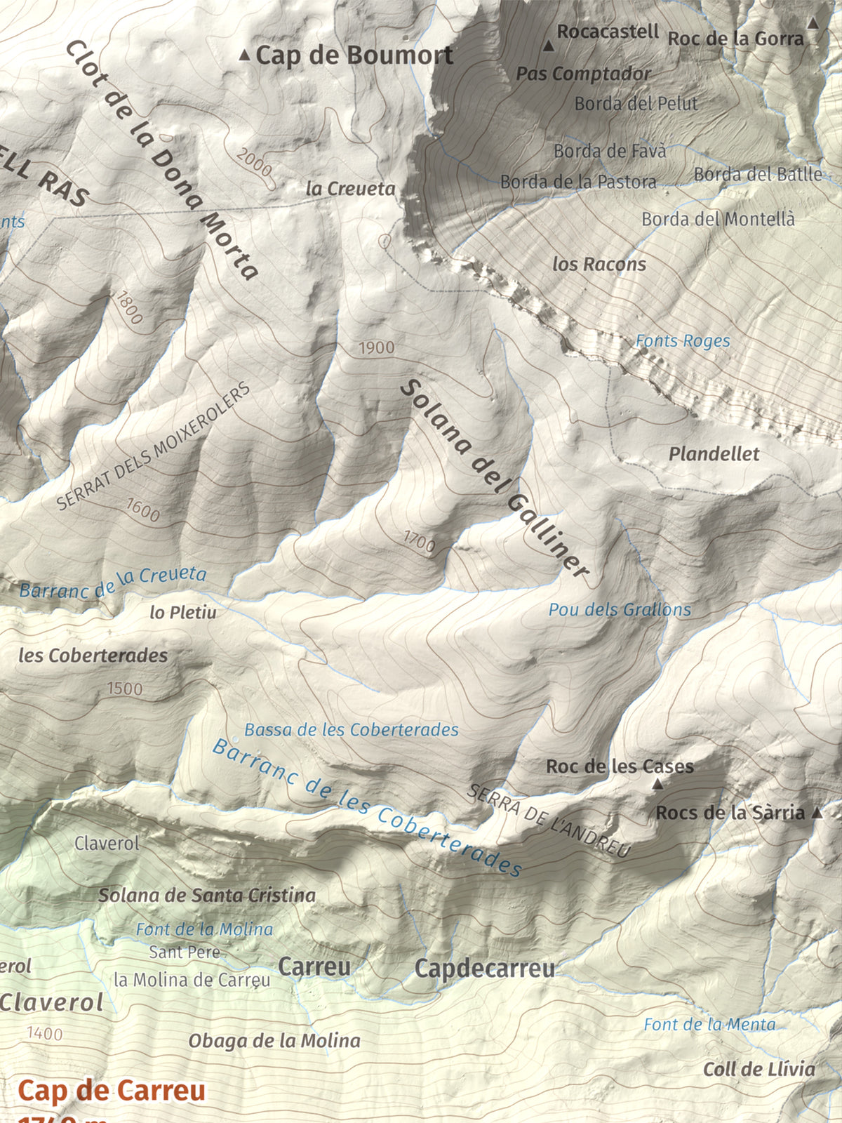 Mapa de relieve de Cap de Carreu, 1749 m, Pallars Jussà, lámina 100 Cims de Trobart. Detalle de la zona superior derecha. 30 × 40 cm.